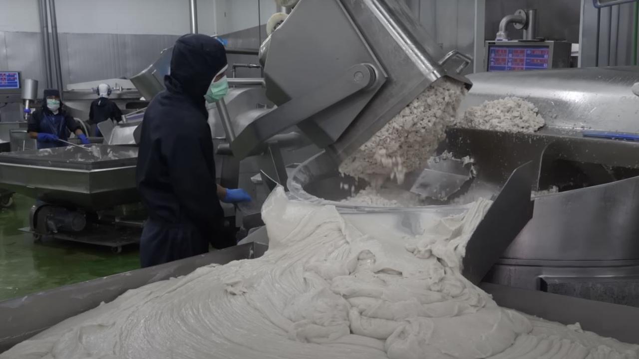 The shredded fish being turned into a sludgy paste. Picture: YouTube