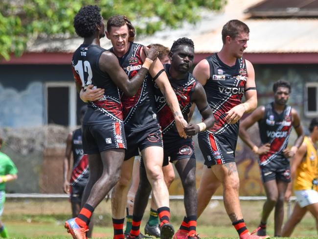 The Tiwi Bombers celebrating a goal in the 2023-24 NTFL season. Picture: Tymunna Clements / AFLNT Media