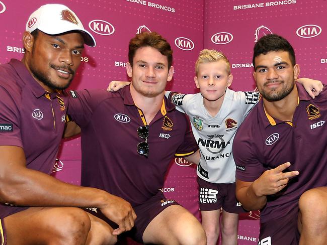 Brisbane Broncos members day at University of Queensland. (L-R) are Llikena Vudogo, Ethan Bullemor, Chase Costello (dad Craig 0409126161), Izia Perese and David Fifita.8th February 2020 St Lucia AAP Image/Richard Gosling