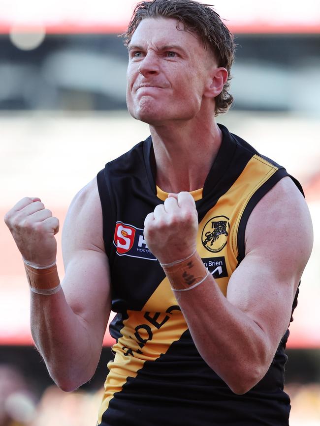 Lachie Hosie after kicking one of his four goals in the preliminary final against Central District. Picture: David Mariuz/SANFL