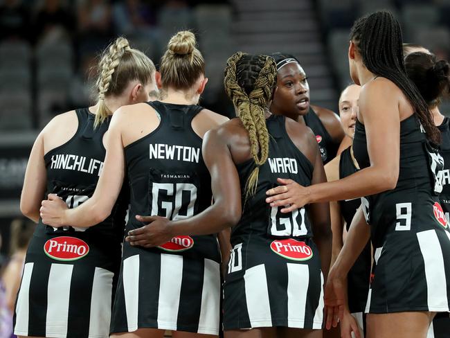 MELBOURNE, AUSTRALIA - APRIL 09: Magpies huddle during the round four Super Netball match between Collingwood Magpies and Queensland Firebirds at John Cain Arena, on April 09, 2023, in Melbourne, Australia. (Photo by Kelly Defina/Getty Images)