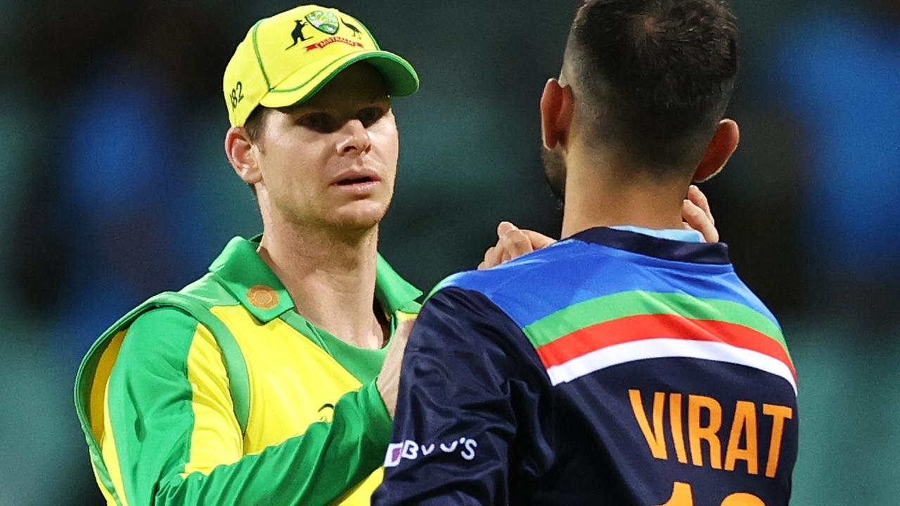 Steve Smith and Virat Kohli chat after Australia downed India in the second ODI at the SCG. Picture: Cameron Spencer/Getty Images