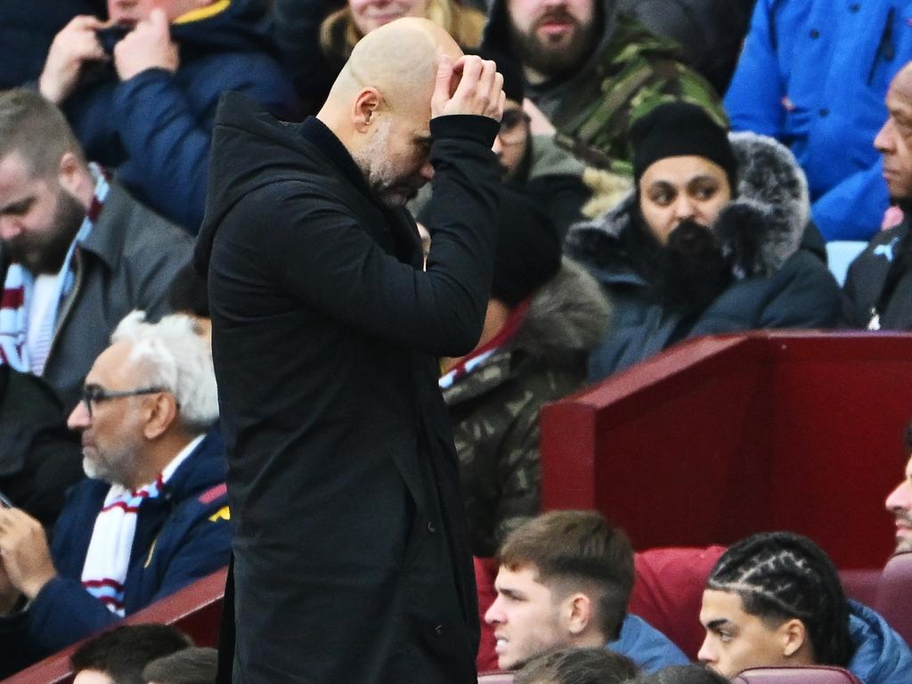 Manchester City manager Pep Guardiola reacts during his side’s defeat to Aston Villa. Picture: Getty Images