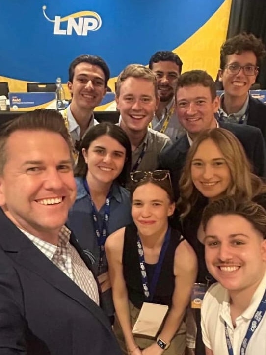 Deputy Premier Jarrod Bleijie at the LNP state council meeting in Rockhampton. He is with some of the government's new policy staffers.