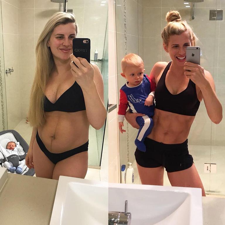 When Tiff shared a photo of her one week after giving birth, left, she was inundated with messages asking ‘How are you going to lose the weight?’ Picture: Supplied