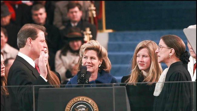 US Vice President Al Gore is sworn in for his second term as vice president by Supreme Court Justice Ruth Bader Ginsburg.