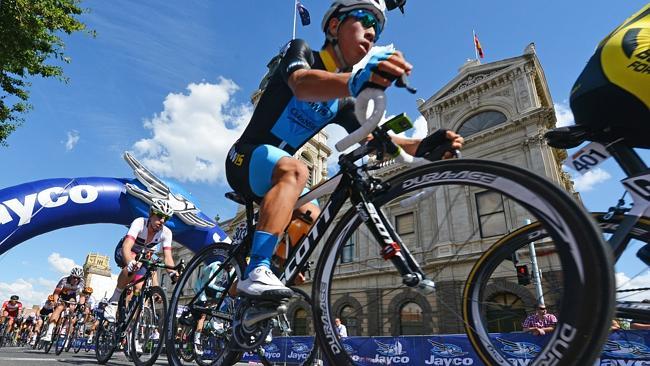 Caleb Ewan rides past the City of Ballarat town hall and goes on to win the race at the Russell Gould Road National cycling championships in Ballarat.