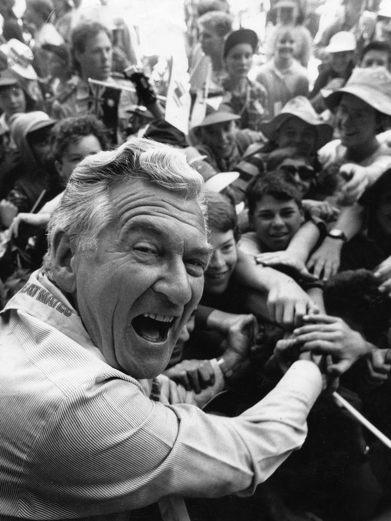 Former PM Bob Hawke at the 15th Australian Jamboree for Scouts at Woodhouse, near Piccadilly, in the Adelaide Hills.