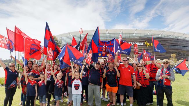 Melbourne Demons fans at Optus Stadium in Perth. Picture: Trevor Collens