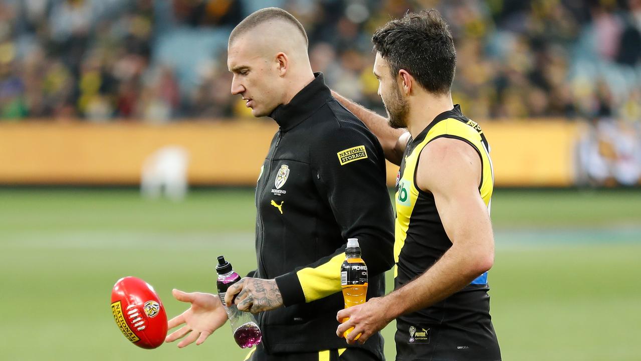 MELBOURNE, AUSTRALIA - JULY 03: Dustin Martin (left) and Shane Edwards of the Tigers look on during the 2022 AFL Round 16 match between the Richmond Tigers and the West Coast Eagles at the Melbourne Cricket Ground on July 03, 2022 in Melbourne, Australia. (Photo by Michael Willson/AFL Photos via Getty Images)