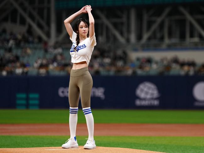 Jeon Jong-seo throws out the ceremonial first pitch. Picture: Daniel Shirey/Getty Images