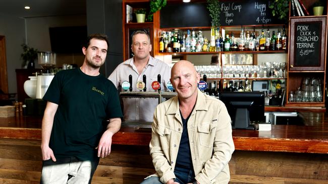 Chef Simon Borghesi, Stephen Manley and Matt Moran at Moran's country Pub, The Rockley Pub in Rockley NSW. Photo: Steven Woodburn/Supplied