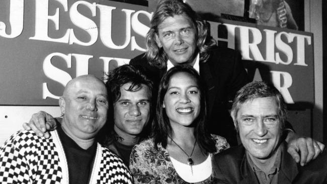 Angry Anderson, Jon Stevens, John Farnham, Kate Ceberano and John Waters at the opening of Jesus Christ Superstar in 1992. Picture: Chris Mangan