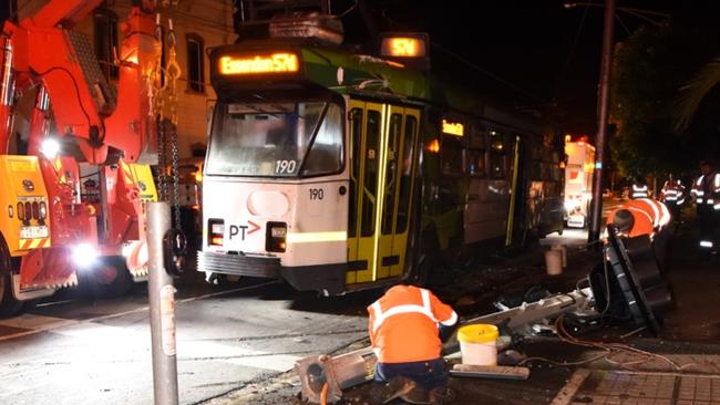 A tram has smashed into a fire hydrant and a bus shelter after derailing on the corner off Maribyrnong Rd and Ascot Vale Rd. Picture: Nicole Garmston