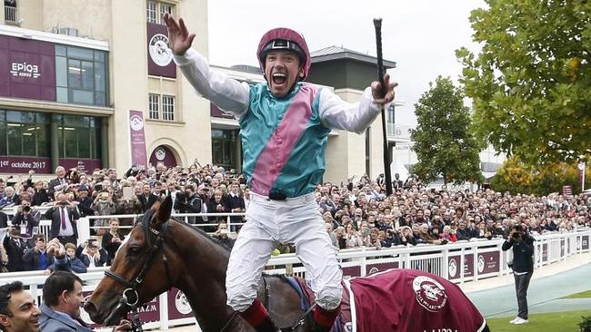 Frank Dettori celebrates his Prix de l’Arc de Triomphe win on Enable last month. Picture: Getty Images