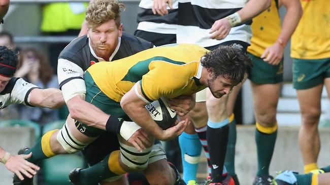 Sam Carter dives over to score a try for the Wallabies.