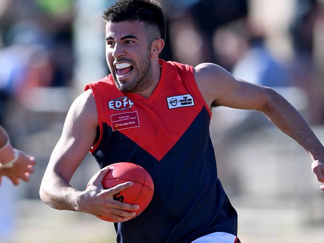 Steven Vocale in action during the EDFL football match between Airport West and Tullamarine in Greenvale, Saturday, Aug. 25, 2018.  Picture: Andy Brownbill