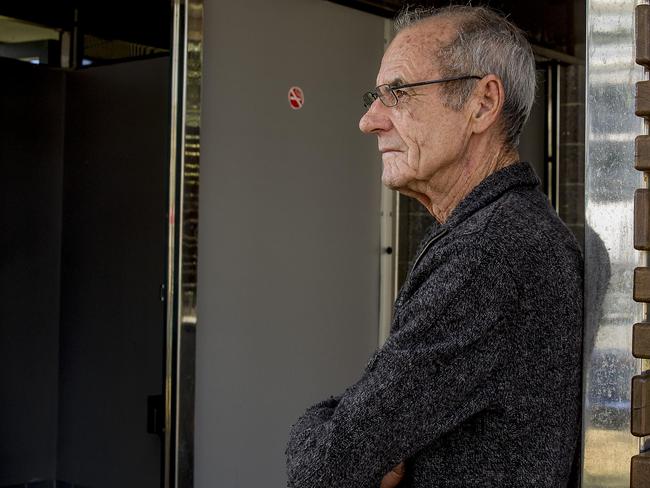 Graeme Aitken lives with his dog Duke in a van at Burleigh Beach. Gold Coast City Council is threatening to lock the toilets at night located near Graeme despite Graeme having a medical issue and a medical certificate.    Picture: Jerad Williams