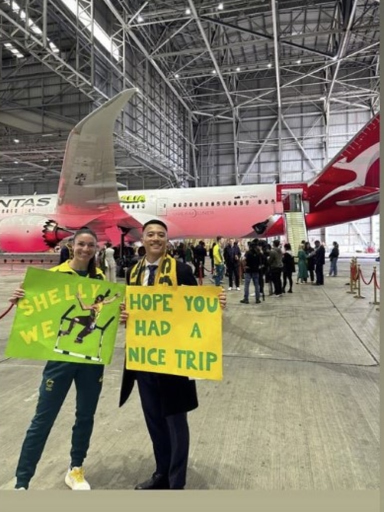 Michelle Jenneke friends unveiled their cheeky sign in reference to her fall during the opening hurdles heat. Picture: Instagram