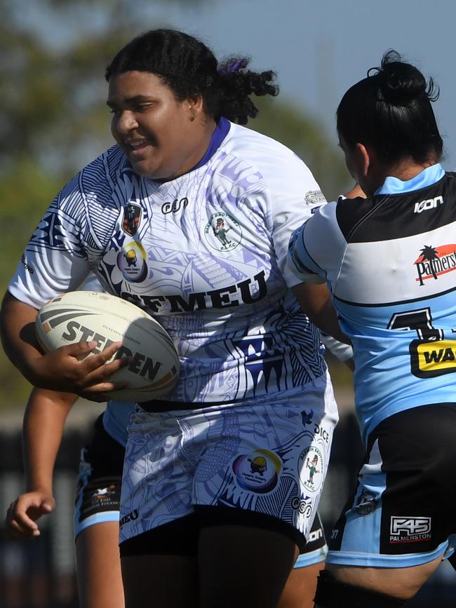 Darwin Brothers' Womens player plays against Sharks in the Humpty Dumpty Foundation round of 2022 NRLNT season. Picture: (A)manda Parkinson