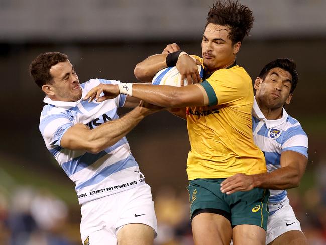 *APAC Sports Pictures of the Week - 2020, November 23* - NEWCASTLE, AUSTRALIA - NOVEMBER 21: Jordan Petaia of Australia is tackled during the 2020 Tri-Nations match between the Australian Wallabies and the Argentina Pumas at McDonald Jones Stadium on November 21, 2020 in Newcastle, Australia. (Photo by Cameron Spencer/Getty Images)