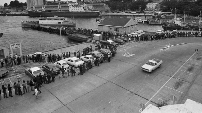 Tasman Bridge disaster January 1975: Ferries became essential for public transport following the bridge disaster. The queues on the Hobart waterfont were often long.