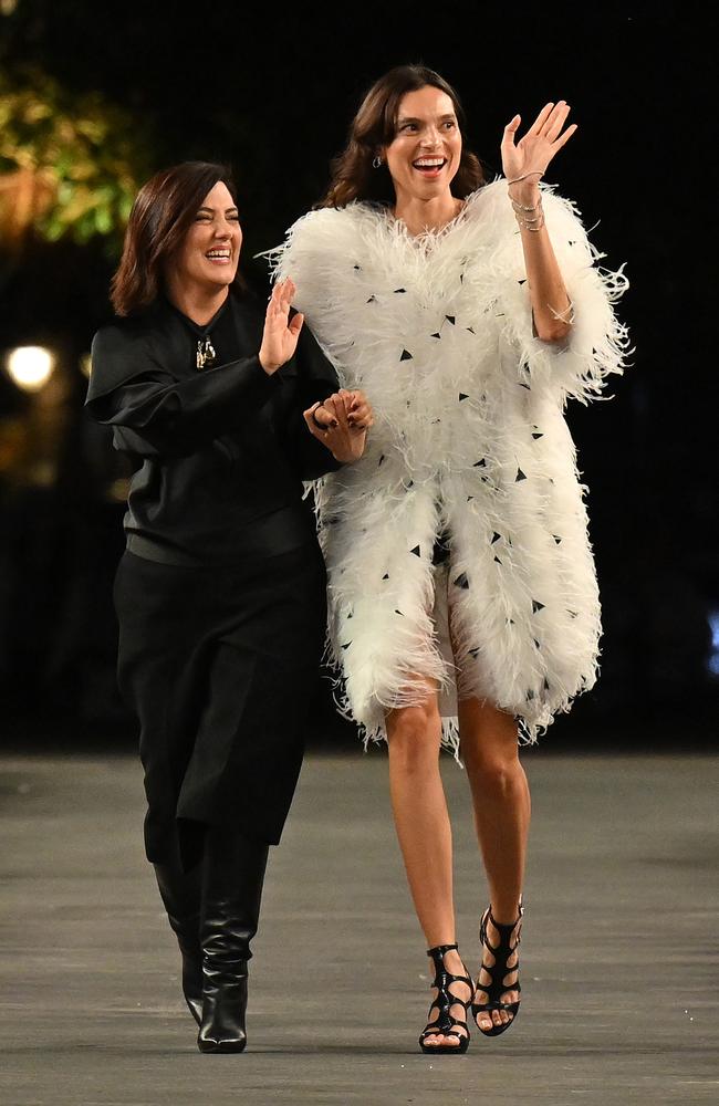 Design Director Tanya Emon Beattie (L) walks the runway during the Carla Zampatti show at Australian Fashion Week 2025. Picture: James Gourley/Getty Images