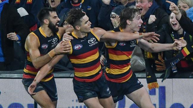 Ben Keays celebrates what he thought was the matchwinner. Picture: Mark Brake/Getty Images