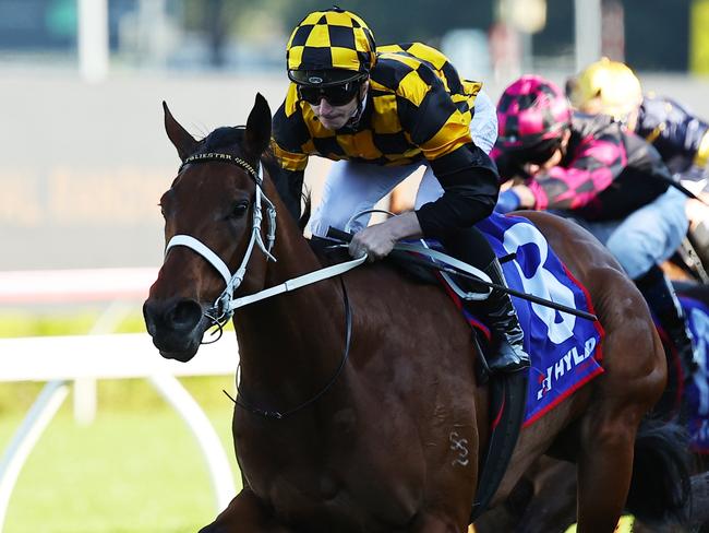 SYDNEY, AUSTRALIA - AUGUST 24: James McDonald riding Joliestar wins Race 7 Hyland Race Colours Show County Quality during Winx Stakes Day - Sydney Racing at Royal Randwick Racecourse on August 24, 2024 in Sydney, Australia. (Photo by Jeremy Ng/Getty Images)