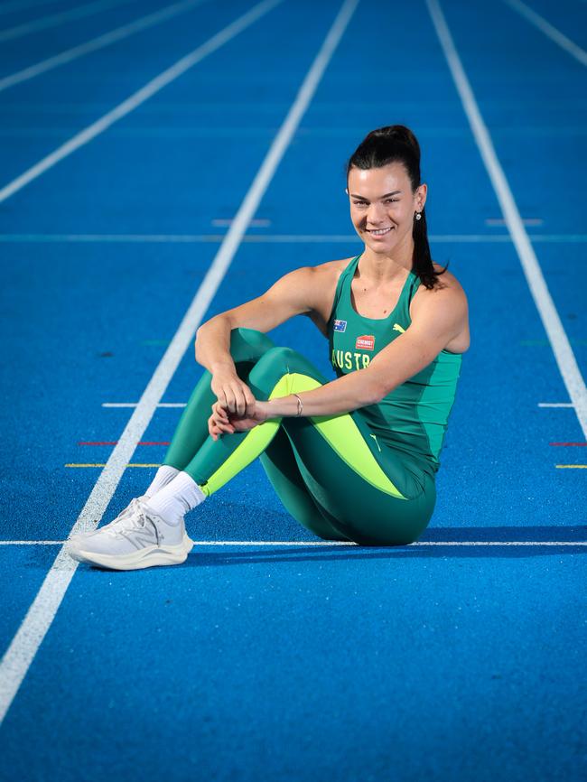 Australian Olympic Pentathlete Celeste Mucci. Celeste Mucci in training at the State Sports Centres athletic track. Picture: David Caird