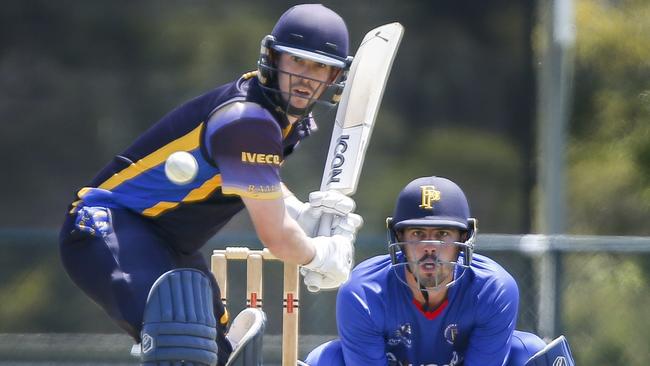 Premier Cricket: Frankston Peninsula v Ringwood. Ringwood batsman David King and Frankston Peninsula keeper Robbie Salerni. Picture: Valeriu Campan