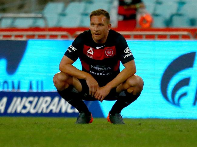 Brendon Santalab looking dejected after full-time against Adelaide. Picture: AAP