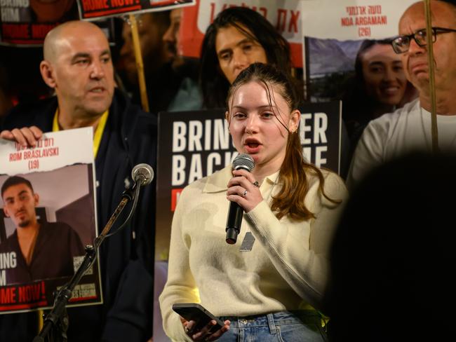 Recently released hostage Agam Goldstein-Almog speaks at a rally outside The Museum of Art known as the 'The Hostages and Missing Square' in Tel Aviv, Israel. Picture: Getty Images