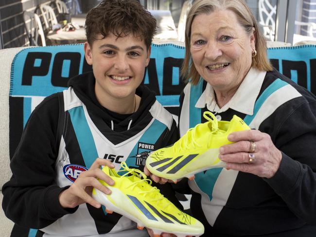 Jason Horne-Francis' boots winner -  Aidan Ciccozzi is sixth generation Port Adelaide supporter who plays three games of football each weekend and umpires juniors on Sunday mornings . His grandma Pauline entered our comp on his behalf .18th September 2024. Picture: Brett Hartwig