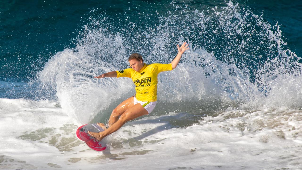 Dimity Stoyle goes hard on the Gold Coast yesterday for a big win. Ben Cochrane / Surfing Queensland