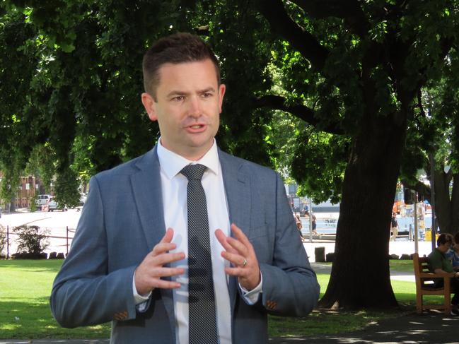 Labor leader MP Dean Winter speaks to the media on Parliament Lawns in Hobart on Friday, December 6, 2024.