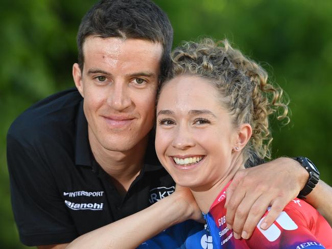 10/1/24. TDU - The highest Ranking women's Cyclist Cecilie Uttrup-Ludwig (FDJ Suez) with partner and cyclist in the TDU, Miles Scotson (Arkea) who is from South Australia.Picture: Keryn Stevens