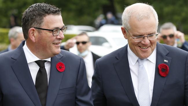 Secret surveys were used to test if Victorians’ believed either the state government of Daniel Andrews (left) or federal government of Scott Morrison carried most responsibility for the Covid-19 vaccine rollout. Picture: Darrian Traynor/Getty Images