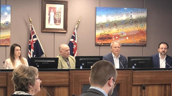 Mayor Kris Hanna and chief executive Adrian Skull preside over a Marion Council meeting. Picture: Ashleigh Pisani