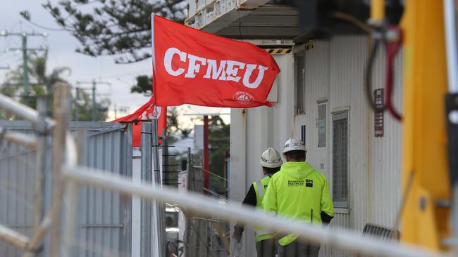 The CFMEU flag is still flying. Picture Glenn Hampson