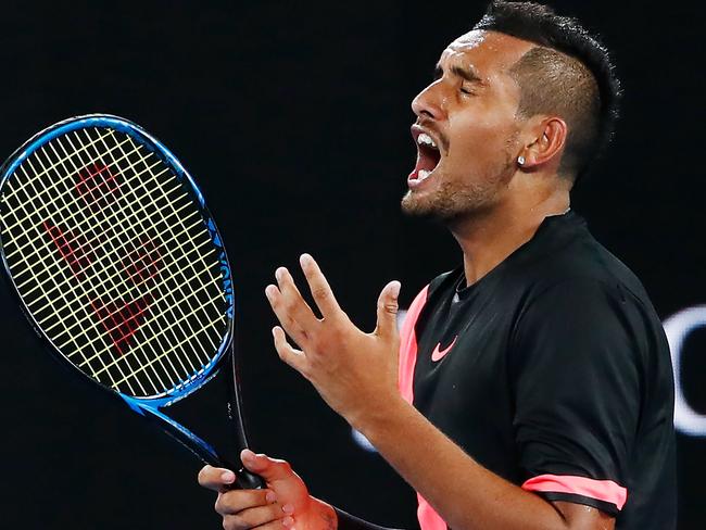 MELBOURNE, AUSTRALIA - JANUARY 21:  Nick Kyrgios of Australia looks dejected  against Grigor Dimitrov of Bulgaria in his fourth round match against Nick Kyrgios of Australia on day seven of the 2018 Australian Open at Melbourne Park on January 21, 2018 in Melbourne, Australia.  (Photo by Michael Dodge/Getty Images)
