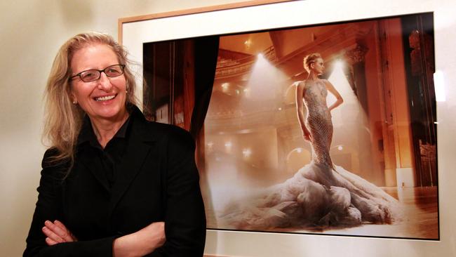 Photographer Annie Leibovitz with works from her exhibition on display at the Museum of Contemporary Art (MCA) in The Rocks, Sydney.