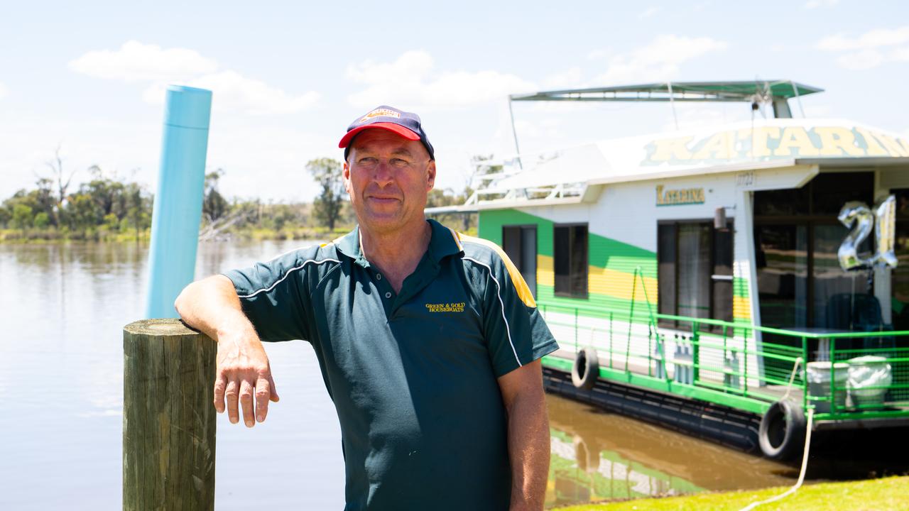 Waikerie houseboat hire business owner James Copeland in front of one of his Green &amp; Gold Houseboats at the Murray riverbank in Waikerie. Picture Morgan Sette)