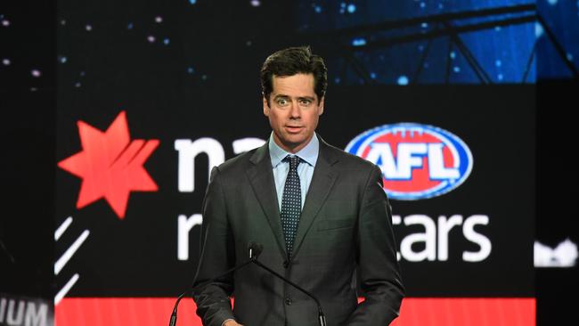 AFL CEO Gillon McLachlan addresses the crowd at the start of the 2018 AFL Draft at Marvel Stadium in Melbourne, Thursday, November  22, 2018. (AAP Image/James Ross) NO ARCHIVING