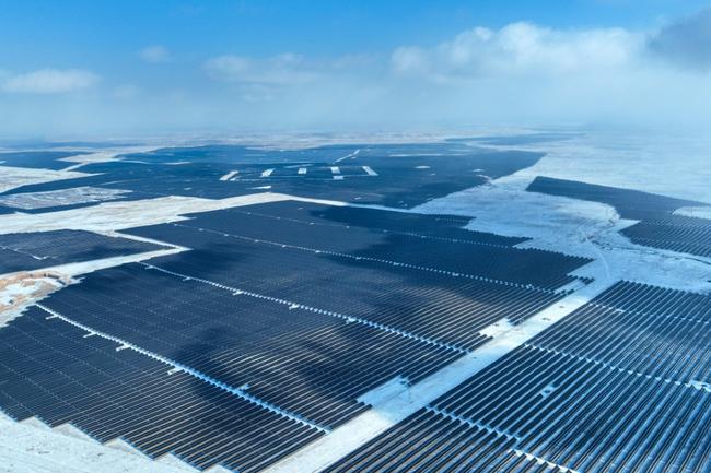 Solar panels in the Gobi desert in north China. China has twice as much wind and solar energy capacity under construction as the rest of the world combined