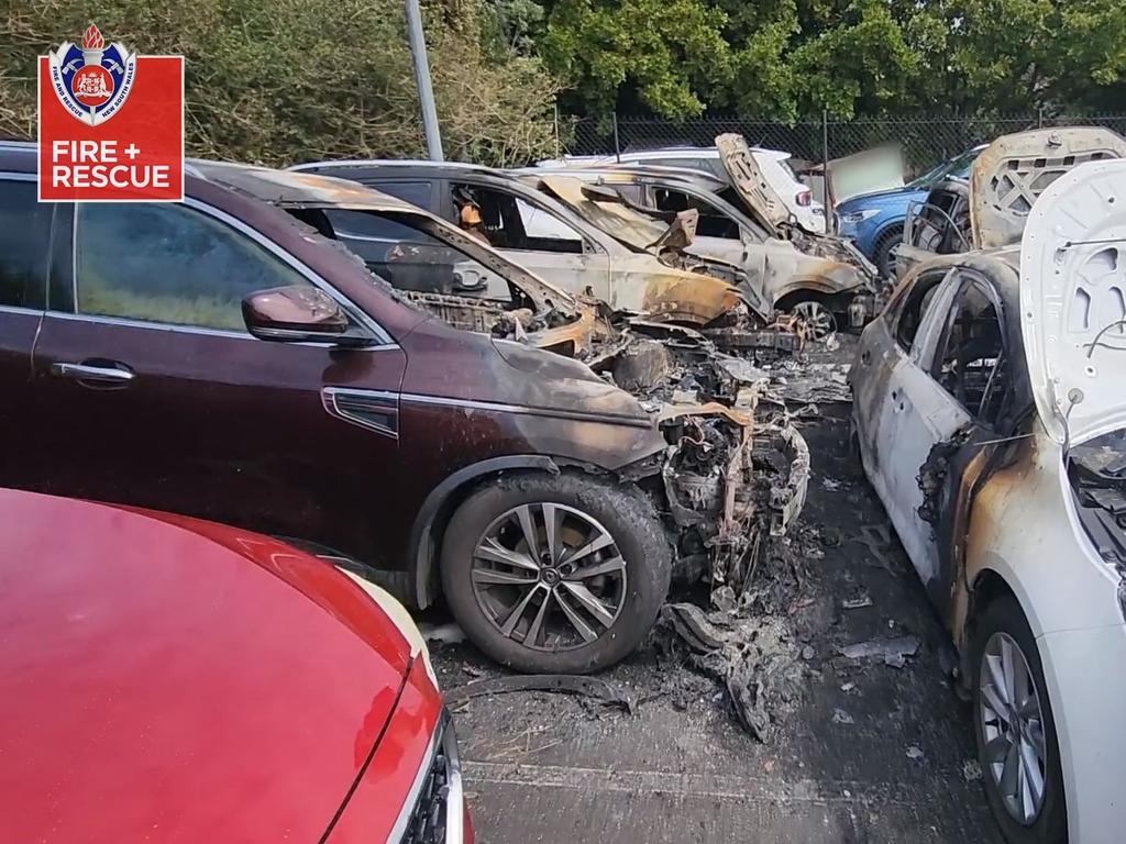 A lithium-ion battery caused a fire which destroyed five cars at Sydney Airport. Picture: NSW Fire and Rescue