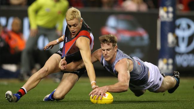 Essendon's Orazio Fantasia has a strong connection with Power captain Tom Jonas Picture: Michael Klein