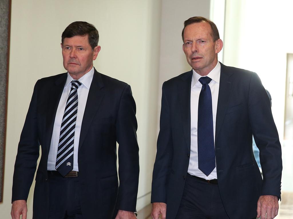 Kevin Andrews and Tony Abbott arriving for the Liberal Leadership spill at Parliament House in Canberra. Picture Kym Smith