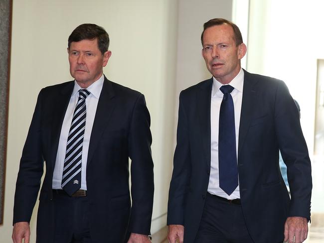 Kevin Andrews and Tony Abbott arriving for the Liberal Leadership spill at Parliament House in Canberra. Picture Kym Smith