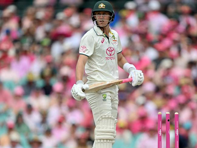 Australiaâs Marnus Labuschagne is clean bowled by Pakistanâs Salman Ali Agha during day three of the third cricket Test match between Australia and Pakistan at the Sydney Cricket Ground in Sydney on January 5, 2024. (Photo by Saeed KHAN / AFP) / -- IMAGE RESTRICTED TO EDITORIAL USE - STRICTLY NO COMMERCIAL USE --